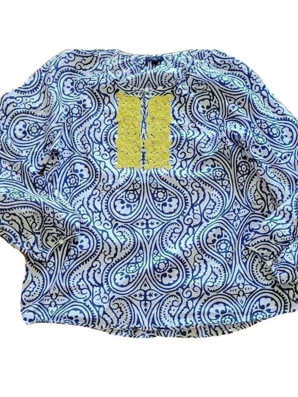 Talbots Shirt Womens small Blue White Paisley Yellow Bead Nautical Top